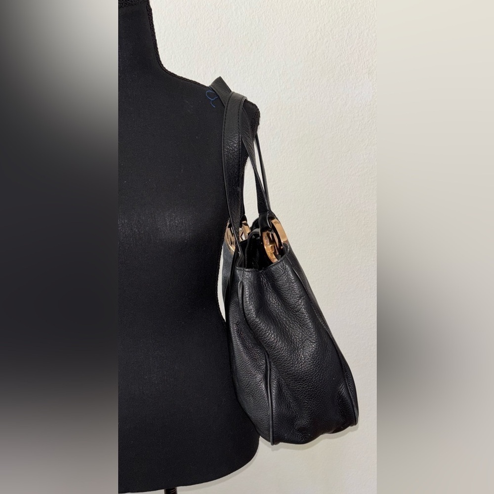 Michael Kors Fulton EastWest Black Soft Pebbled Leather Lg Gold MK Medallion Bag - Picture 8 of 12